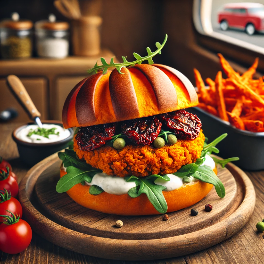 DALL·E 2025-02-10 14.38.10 - A gourmet burger with a vibrant orange carrot bun, a spiced chickpea patty, sun-dried tomatoes, creamy yogurt-lemon sauce, and fresh arugula, served o