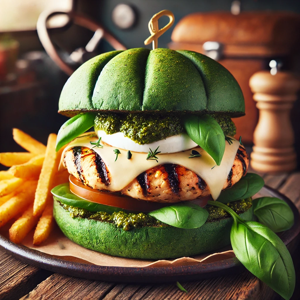 DALL·E 2025-02-10 14.38.15 - A gourmet burger with a vibrant green spinach bun, grilled marinated chicken, melted mozzarella, fresh basil, and homemade pesto sauce, served on a ru