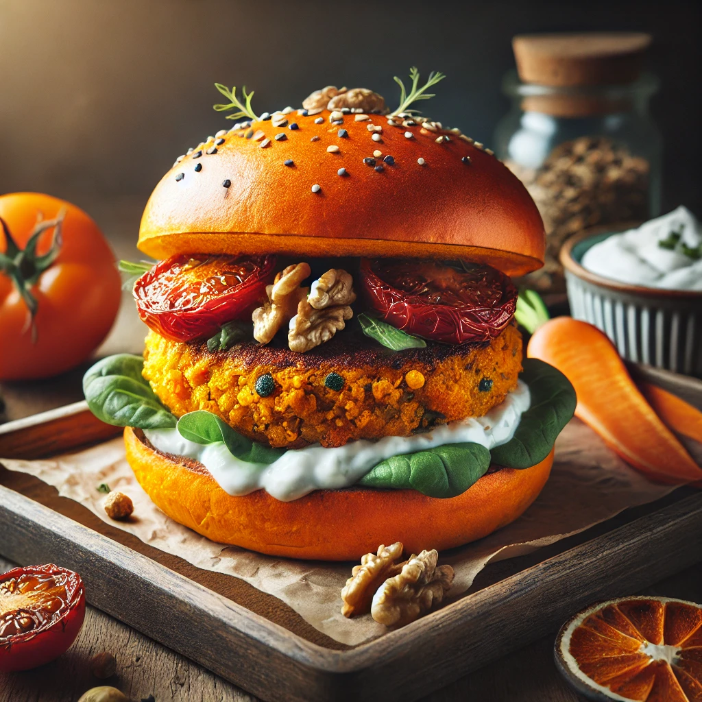 DALL·E 2025-02-10 14.49.43 - A gourmet burger with an orange carrot-infused bun. The burger features a vegetarian chickpea and spice patty, sun-dried tomatoes, goat cheese with wa