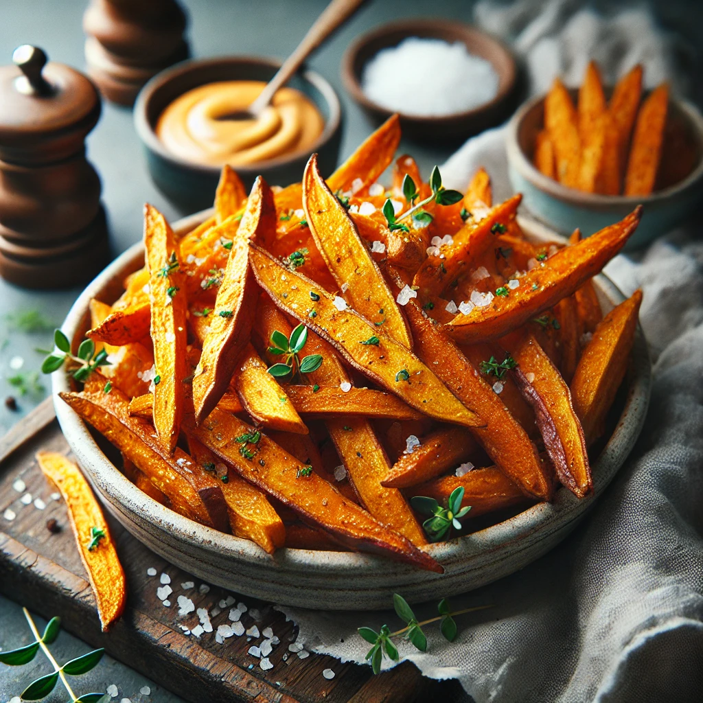 DALL·E 2025-02-10 14.50.53 - A plate of crispy sweet potato fries, golden and slightly caramelized, served in a rustic bowl. The fries are sprinkled with sea salt and fresh herbs,