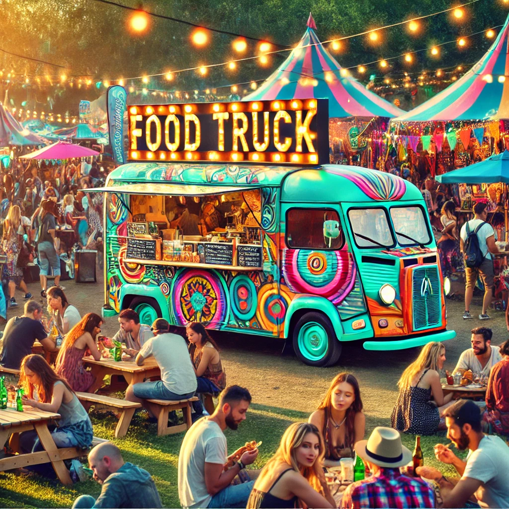 DALL·E 2025-02-12 15.12.15 - A vibrant and colorful food truck set up at a festival, surrounded by a lively crowd. The food truck is brightly painted with a modern, eye-catching d
